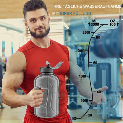 3 Liter BPA-freie Sport-Trinkflasche mit Strohhalm und Zeitmarkierungen – Perfekt für Fitness und Outdoor-Aktivitäten (Grau)