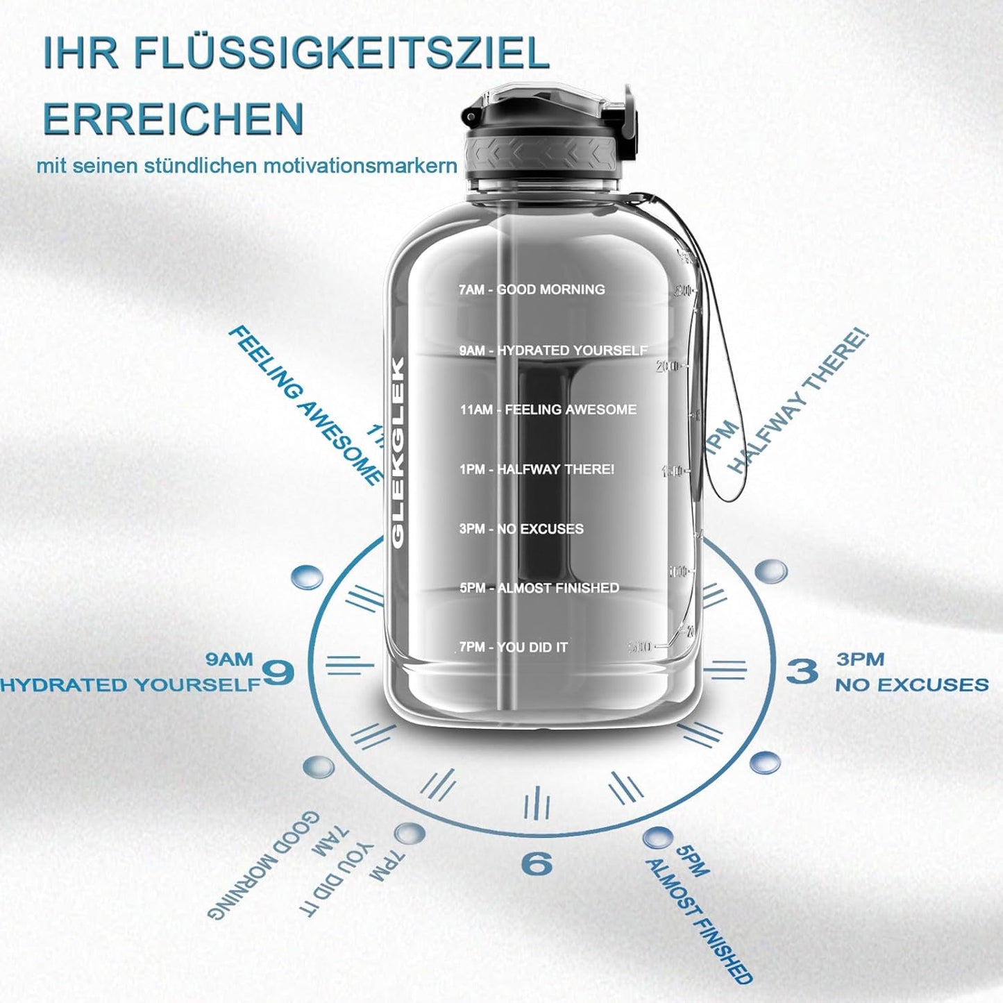 3 Liter BPA-freie Sport-Trinkflasche mit Strohhalm und Zeitmarkierungen – Perfekt für Fitness und Outdoor-Aktivitäten (Grau)