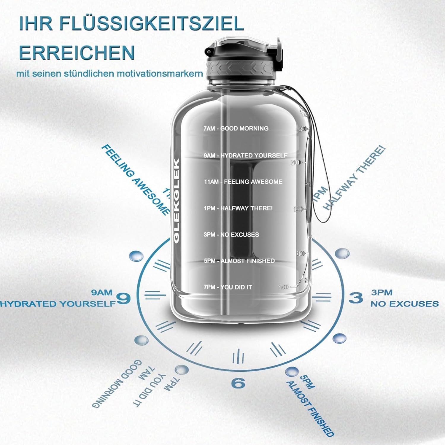 3 Liter BPA-freie Sport-Trinkflasche mit Strohhalm und Zeitmarkierungen – Perfekt für Fitness und Outdoor-Aktivitäten (Grau)