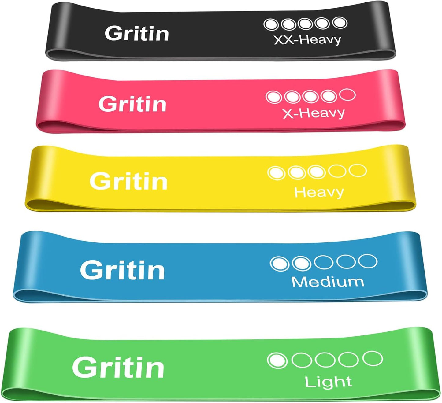 Gritin 5er Set Widerstandsbänder – Hautfreundliche Latex Fitnessbänder für Muskelaufbau, Yoga und mehr – Inklusive Tragetasche und Deutscher Übungsanleitung
