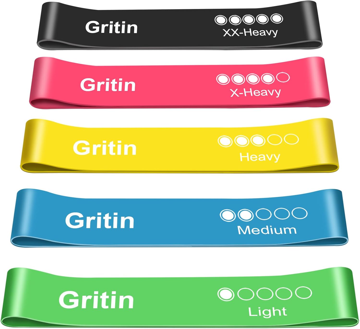 Gritin 5er Set Widerstandsbänder – Hautfreundliche Latex Fitnessbänder für Muskelaufbau, Yoga und mehr – Inklusive Tragetasche und Deutscher Übungsanleitung