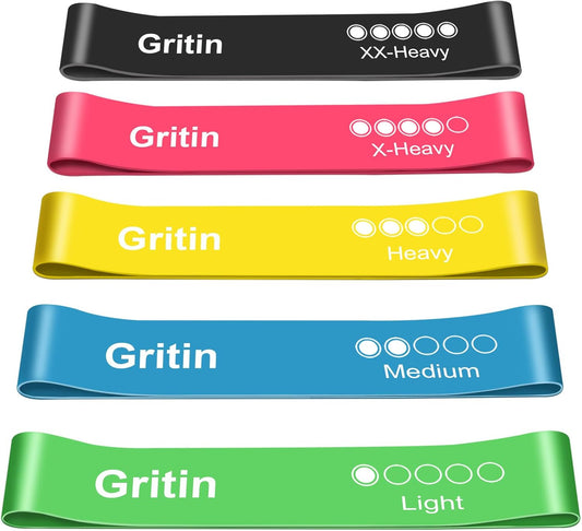 Gritin 5er Set Widerstandsbänder – Hautfreundliche Latex Fitnessbänder für Muskelaufbau, Yoga und mehr – Inklusive Tragetasche und Deutscher Übungsanleitung
