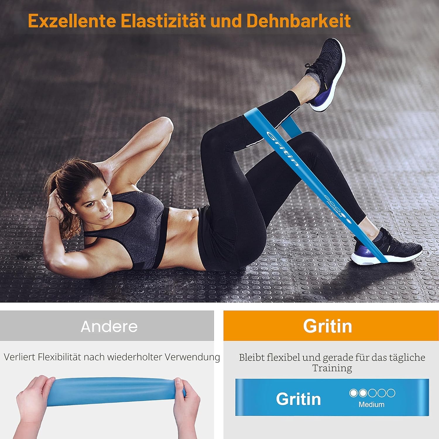 Gritin 5er Set Widerstandsbänder – Hautfreundliche Latex Fitnessbänder für Muskelaufbau, Yoga und mehr – Inklusive Tragetasche und Deutscher Übungsanleitung