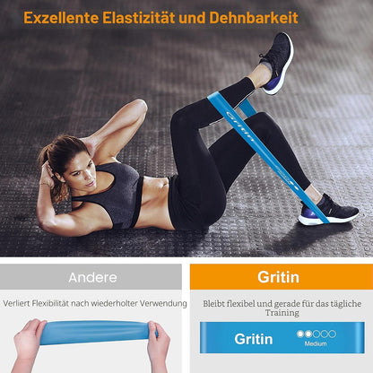 Gritin 5er Set Widerstandsbänder – Hautfreundliche Latex Fitnessbänder für Muskelaufbau, Yoga und mehr – Inklusive Tragetasche und Deutscher Übungsanleitung
