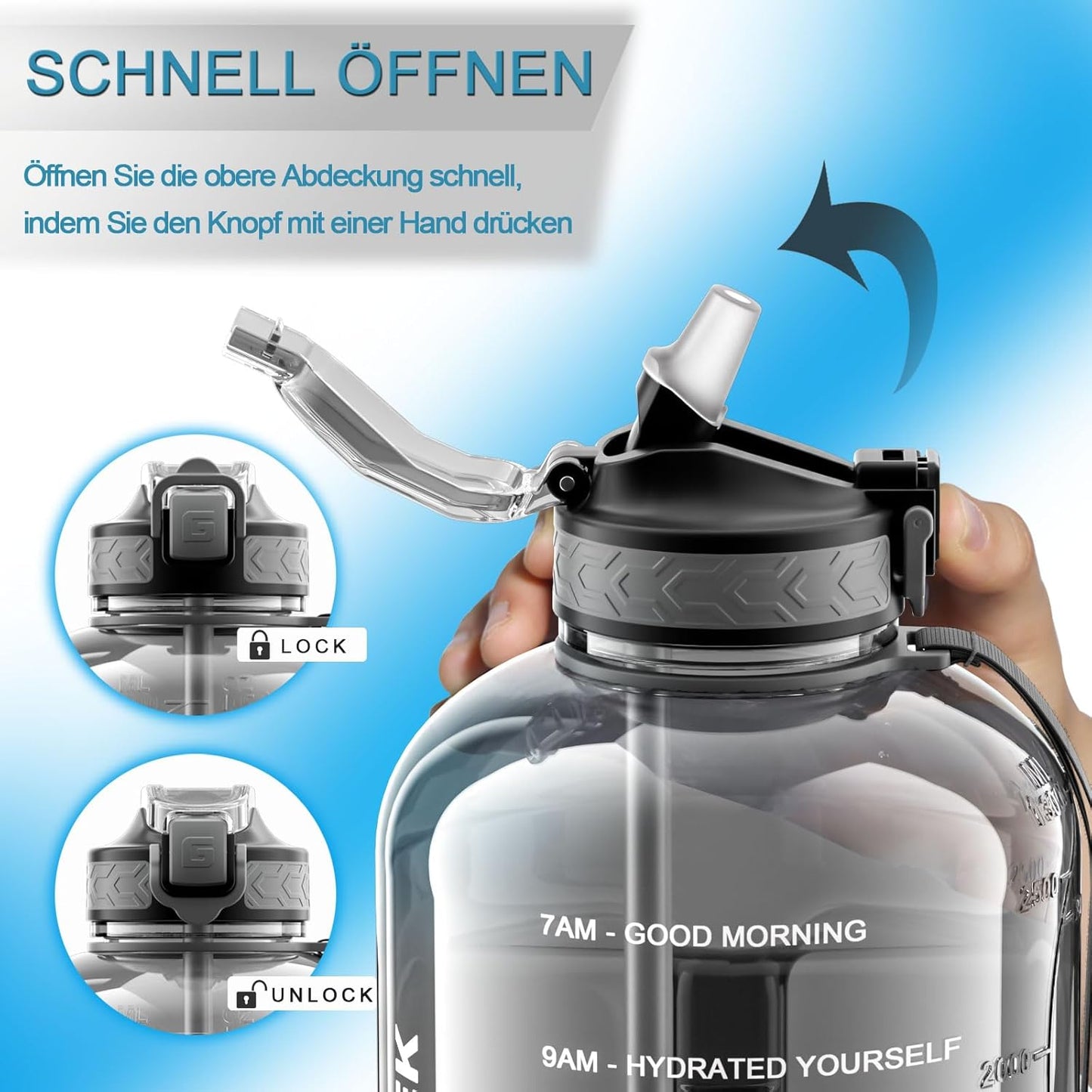 3 Liter BPA-freie Sport-Trinkflasche mit Strohhalm und Zeitmarkierungen – Perfekt für Fitness und Outdoor-Aktivitäten (Grau)